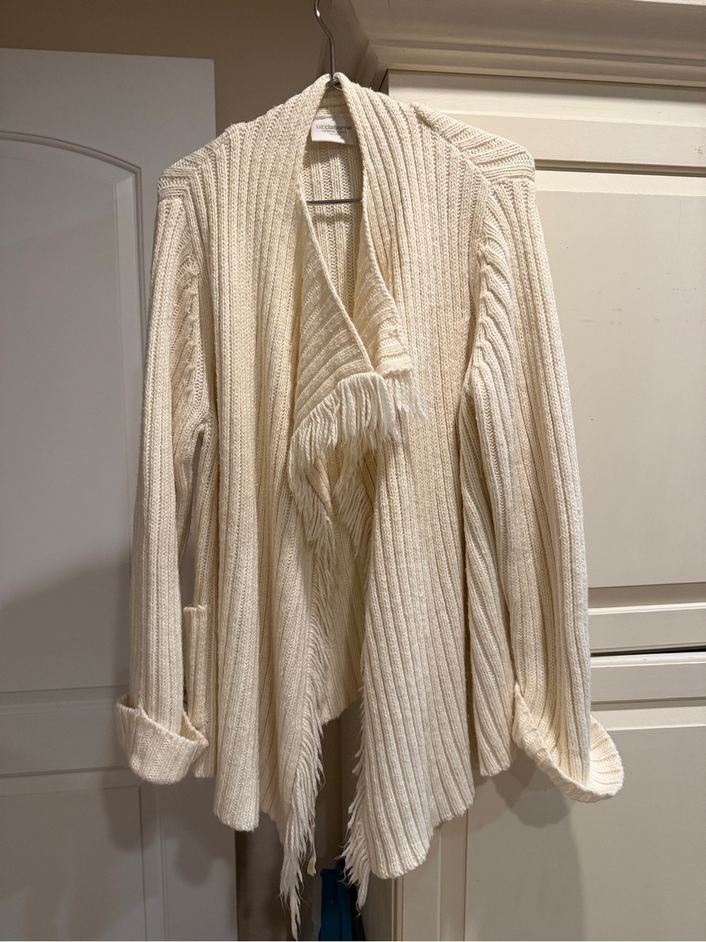 Liz Claiborne Cream Ribbed Open-Front Cardigan with Fringe